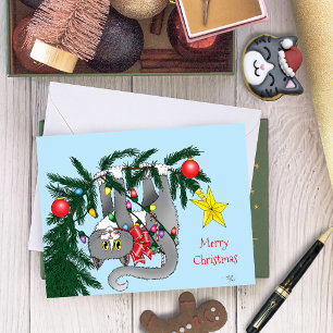 Funny Hanging Christmas Tree Cat Card