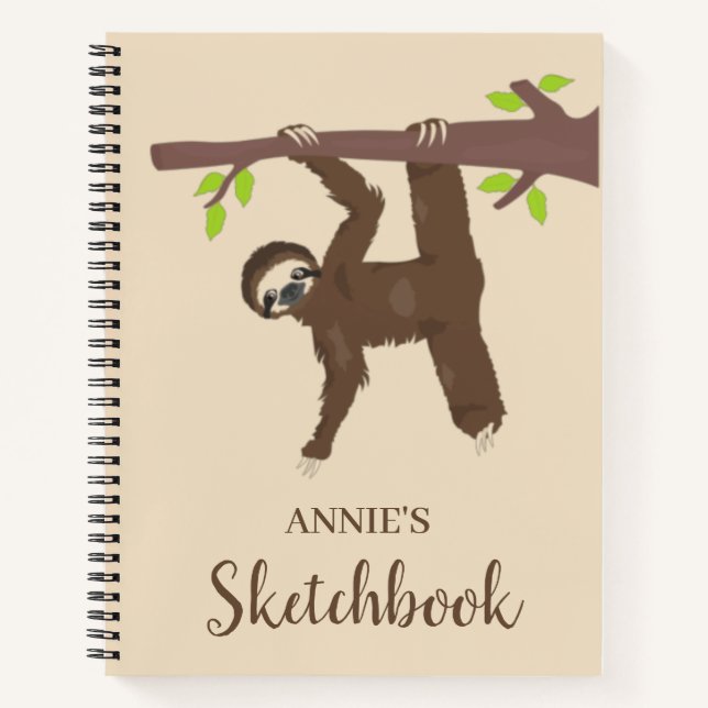 Funny Hanging Sloth Personalised Kids Sketchbook Notebook (Front)