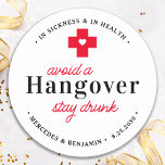 Funny Hangover Recovery Kit Custom Wedding Favour Classic Round Sticker<br><div class="desc">Avoid A Hangover Stay Drunk Relief Kit ! These fun wedding favour stickers are perfect to make your own hangover recovery kits for your guests, essential if you plan on having an open bar. Visit our collection for wedding favours, and hangover kit favours and wedding keepsakes. Personalise with name and...</div>