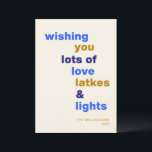 Funny Hanukkah Love Latkes Lights Blue Custom Holiday Card<br><div class="desc">Celebrate the Festival of Lights with a smile using this funny Hanukkah holiday card, featuring the playful phrase Love Latkes and Lights on a cheerful blue background. Customisable and full of festive spirit, this card is perfect for sharing holiday joy with a humourous twist. Whether you're sending warm wishes to...</div>