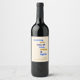 Funny Hanukkah Love Latkes Lights Blue Custom Wine Label