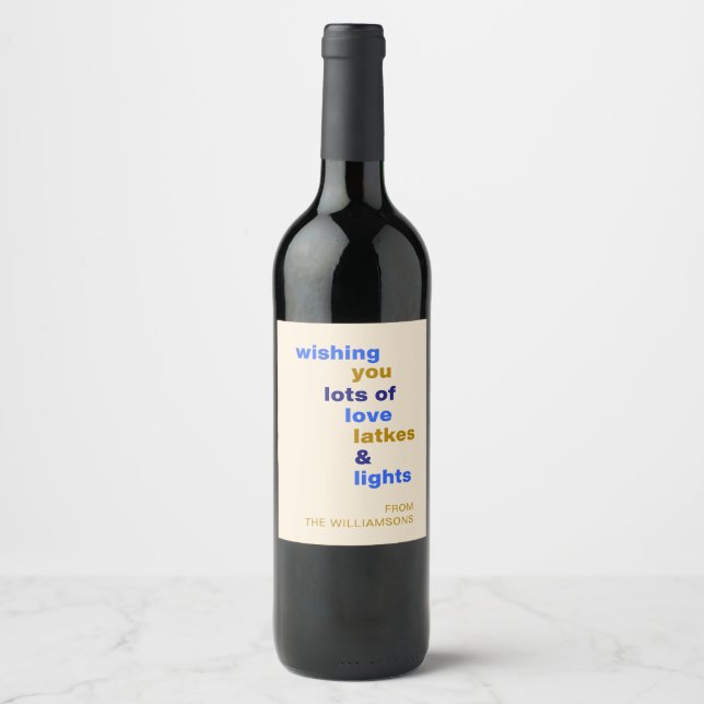 Funny Hanukkah Love Latkes Lights Blue Custom Wine Label (Front)