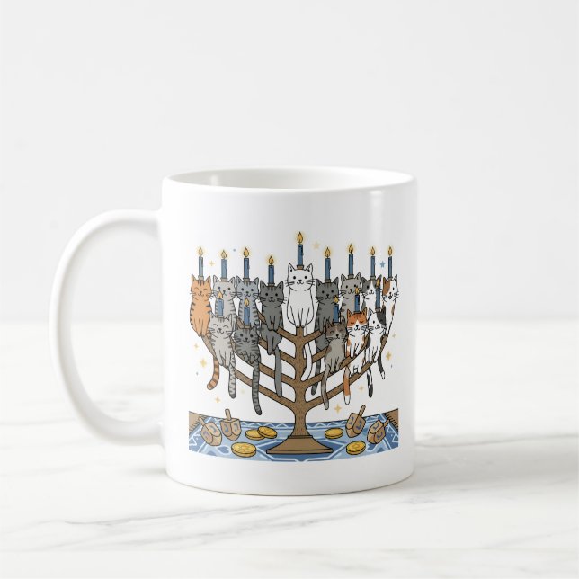 Funny Hanukkah Meowzel Cats Menorah Coffee Mug (Left)