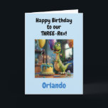 Funny Happy 3rd Birthday Boy, Dino, Personalized  Card<br><div class="desc">Happy Birthday to our Three-Rex! Congratulate the 3 year old with a special birthday rhyme and this cool Three-Rex dino partying around the birthday cake. Personalize with the 3rd birthday boy's name and your signature. Fully customizable, add your own text or change text just as you like. Instant download available....</div>