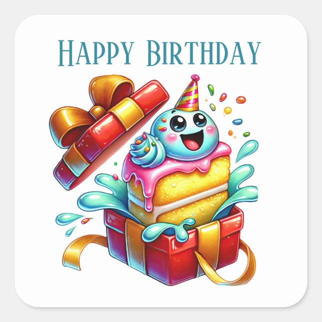 Funny Happy Birthday cake add text Square Sticker (Front)