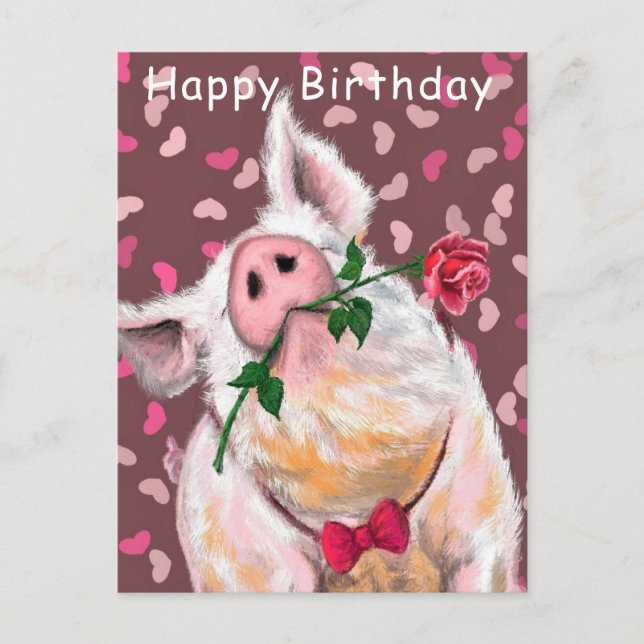 Funny Happy Birthday Card Gentleman Pig with Rose (Front)