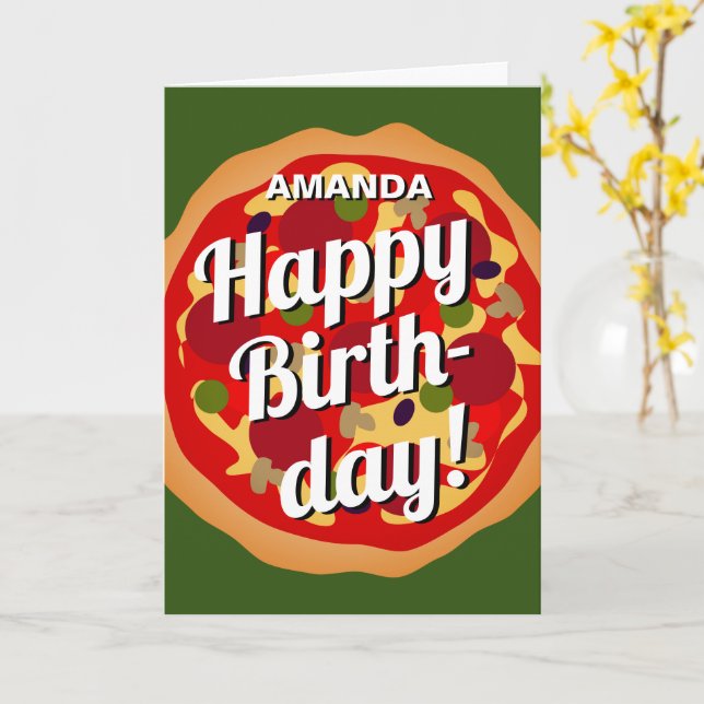Funny Happy Birthday card with pepperoni pizza (Yellow Flower)
