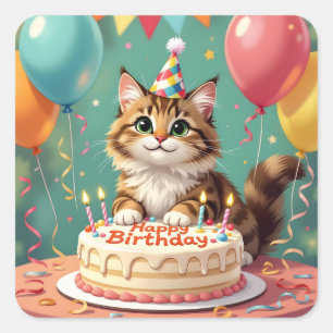 Funny happy birthday cat square sticker