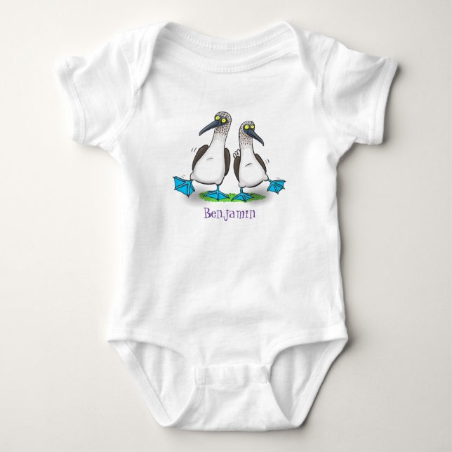 Funny, happy blue footed boobies dancing cartoon baby bodysuit (Front)
