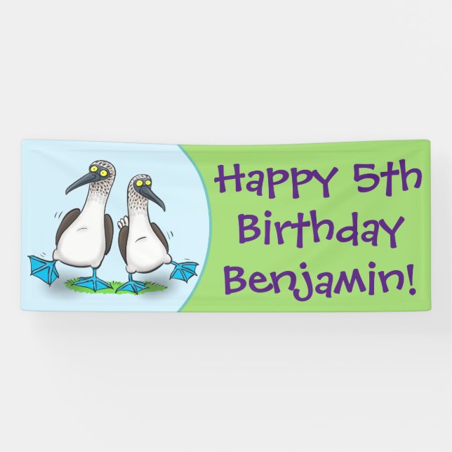 Funny, happy blue footed boobies dancing cartoon banner (Horizontal)
