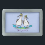 Funny, happy blue footed boobies dancing cartoon belt buckle<br><div class="desc">We love blue footed boobies! These comical goofy sea birds with their bright blue webbed feet are just fun! All drawn in cartoon style!</div>
