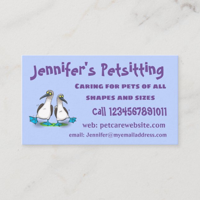 Funny, happy blue footed boobies dancing cartoon business card (Front)