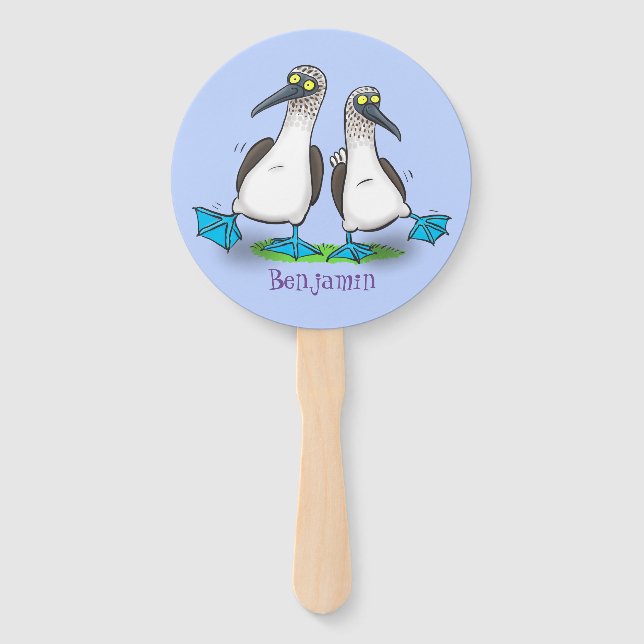 Funny, happy blue footed boobies dancing cartoon  hand fan (Front)