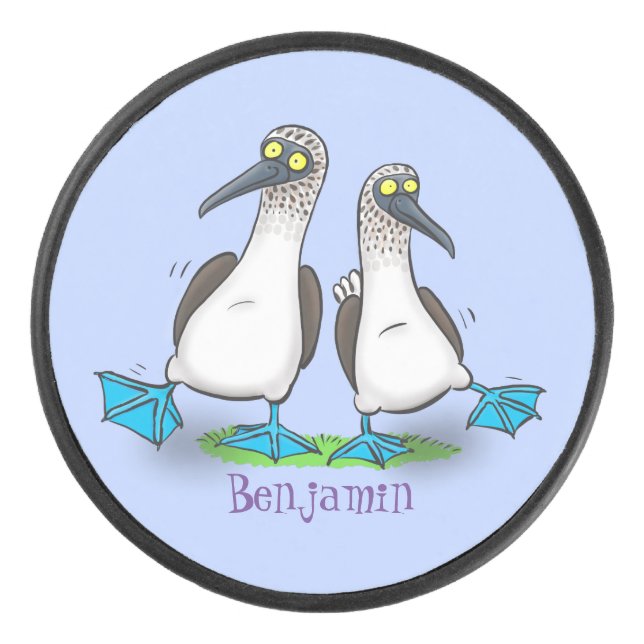 Funny, happy blue footed boobies dancing cartoon hockey puck (Front)