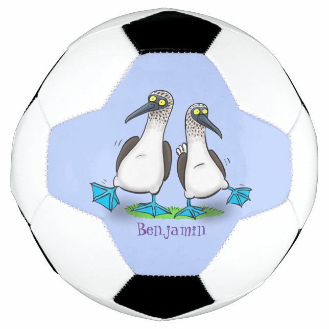 Funny, happy blue footed boobies dancing cartoon soccer ball (Front)