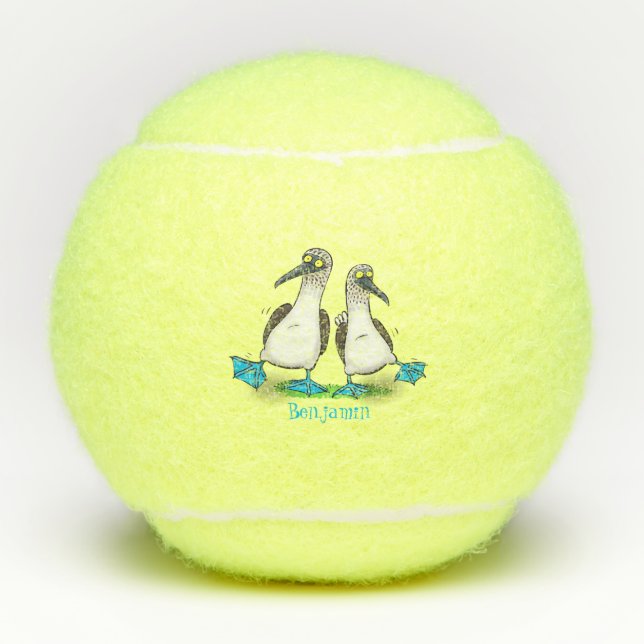 Funny, happy blue footed boobies dancing cartoon  tennis balls (Front)