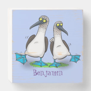Funny, happy blue footed boobies dancing cartoon wooden box sign