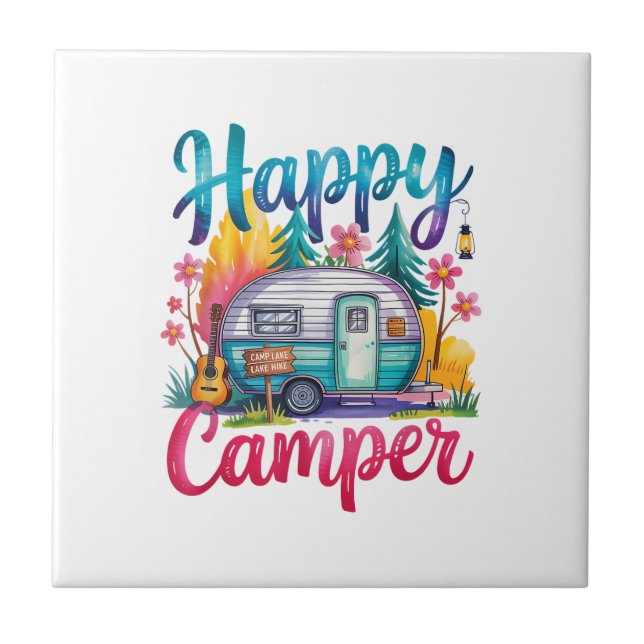 Funny Happy Camper Camping Apparel Trailer RV Kids Tile (Front)