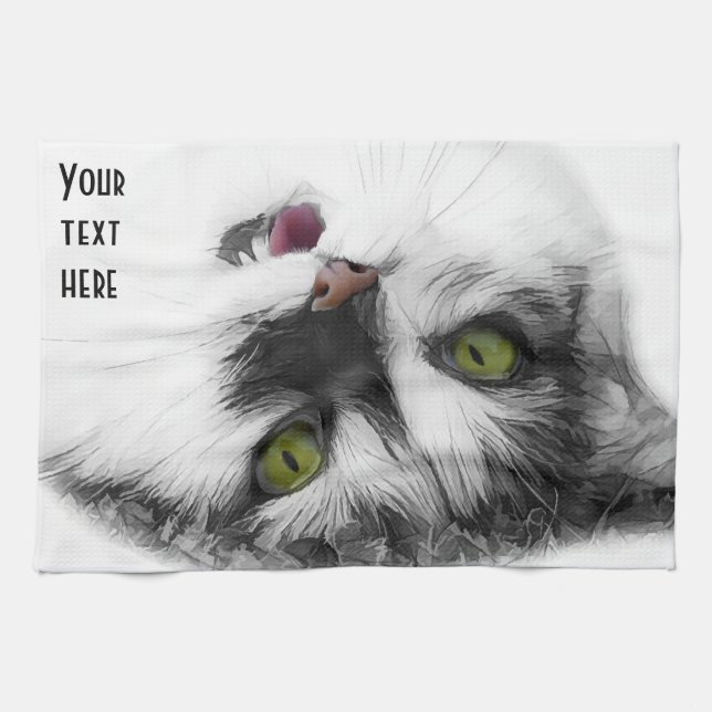 Funny happy cat customisable tea towel (Horizontal)