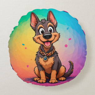 Funny Happy Dog 🐾 Cute Playful Cartoon Pet Round Cushion