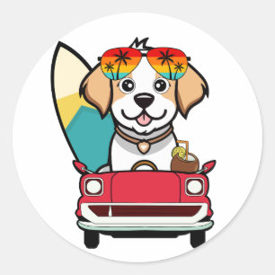 Funny Happy Dog is driving to the beach Classic Round Sticker