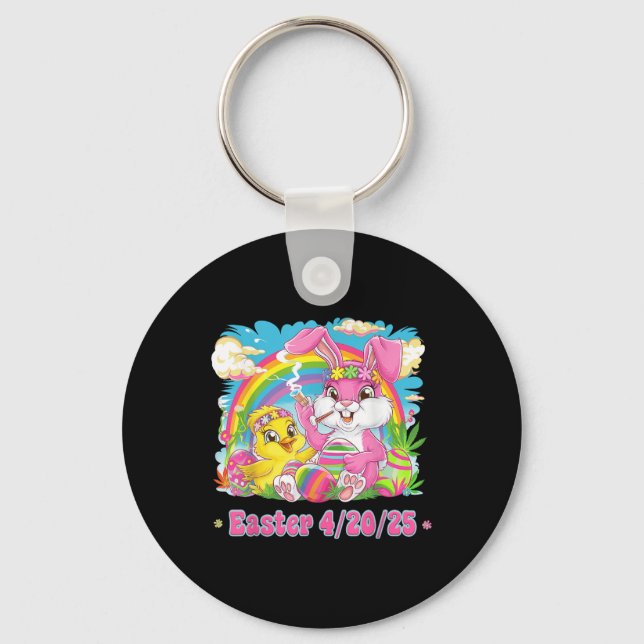 Funny Happy Easter Bunny Chick Smoking Weed  Key Ring (Front)