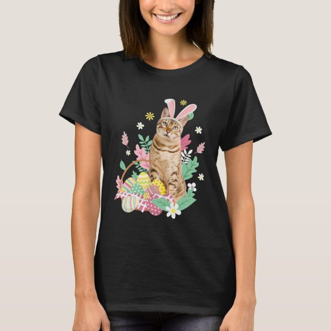 Funny happy easter cute cat bunny eggs basket rabb T-Shirt (Front)