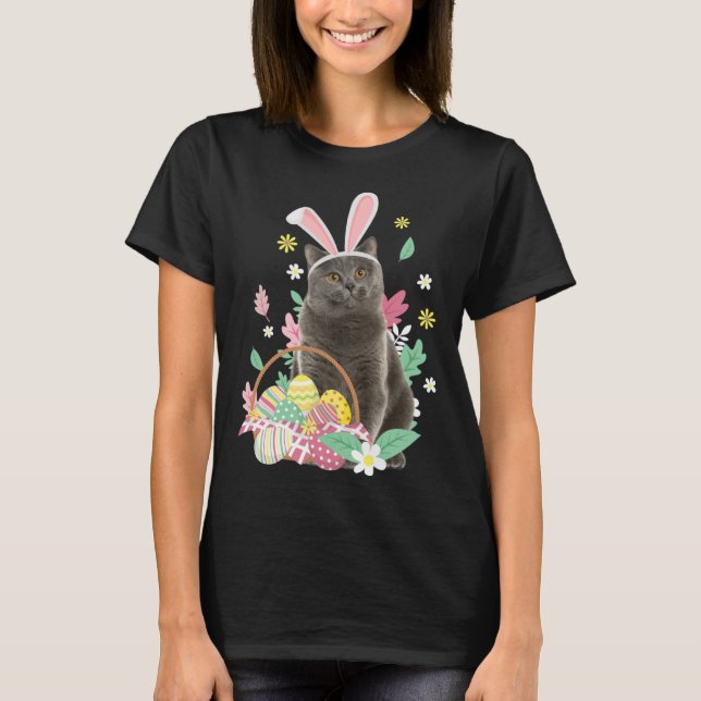 Funny happy easter cute cat bunny eggs basket rabb T-Shirt (Front)