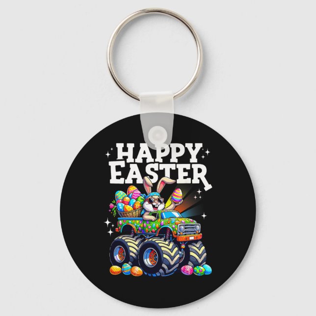 Funny Happy Easter Monster Truck Bunny Easter Eggs Key Ring (Front)