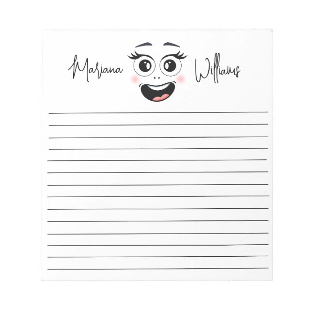 funny happy face, lined personalised name notepad (Front)
