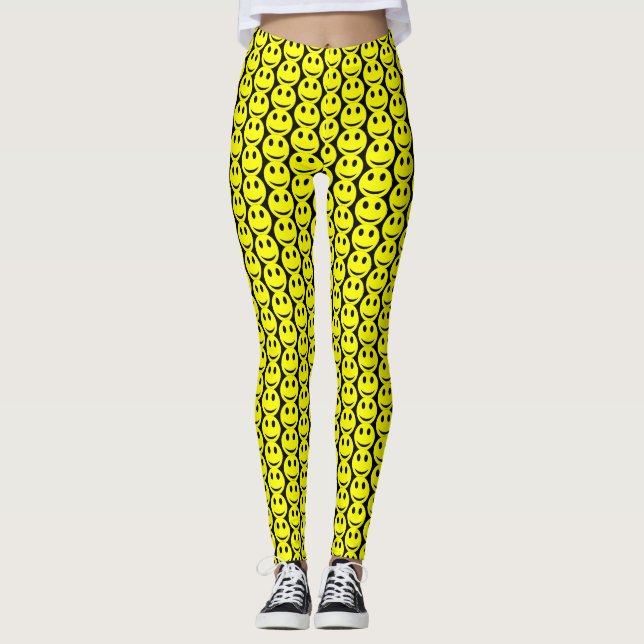 Funny Happy Faces Yellow Black Pattern Leggings (Front)