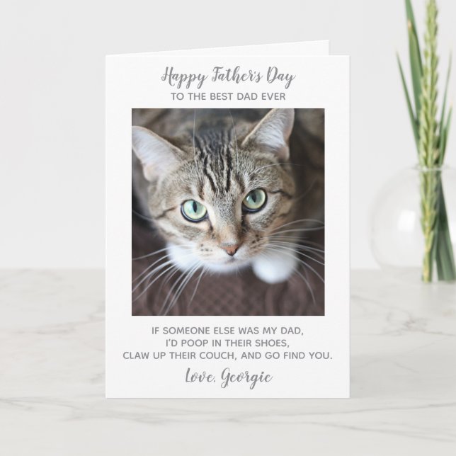 Funny Happy Fathers Day Pet Photo Cat Dad  Holiday Card (Front)
