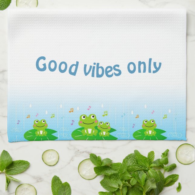 Funny Happy Frogs and Good Vibes Only Text Tea Towel (Folded)