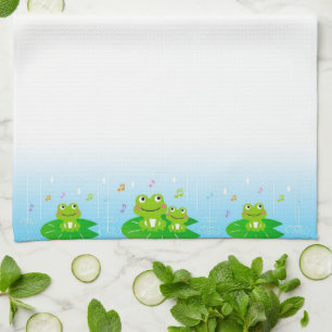 Funny Happy Frogs on Light Blue Gradient Tea Towel