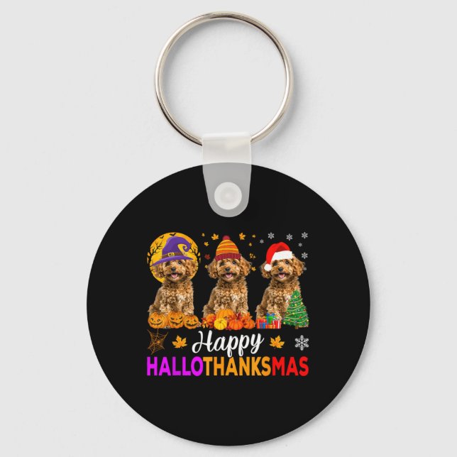 Funny Happy Hallothanksmas Poodle Dog Halloween Key Ring (Front)