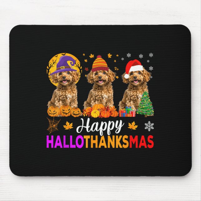 Funny Happy Hallothanksmas Poodle Dog Halloween Mouse Pad (Front)