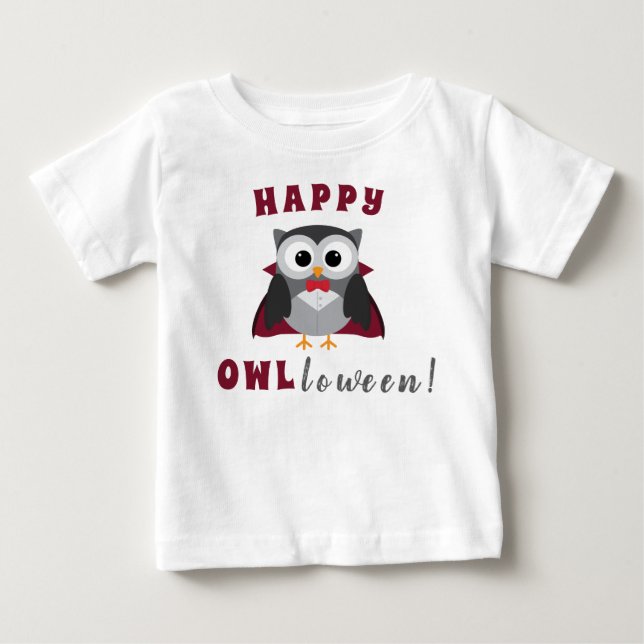 Funny Happy Halloween Owl Vampire Trick or Treat Baby T-Shirt (Front)