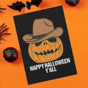 Funny Happy Halloween Y'all Cowboy Jack O Lantern Holiday Card