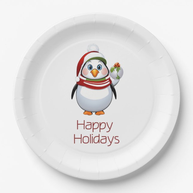 Funny Happy Holidays Christmas Penguin  Paper Plate (Front)