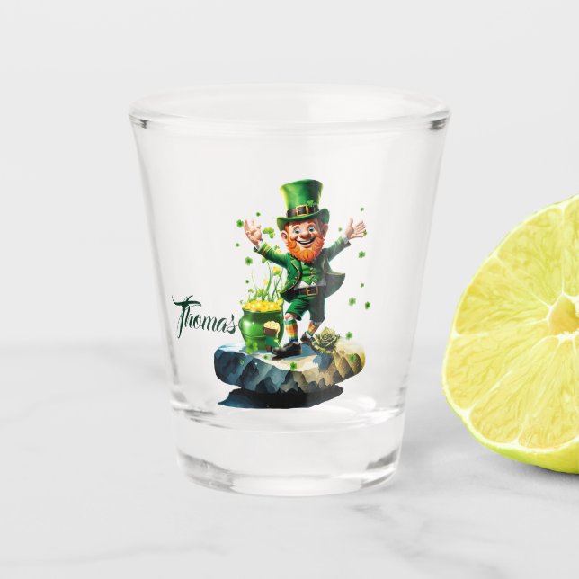 Funny happy  leprechaun  shot glass (Front)