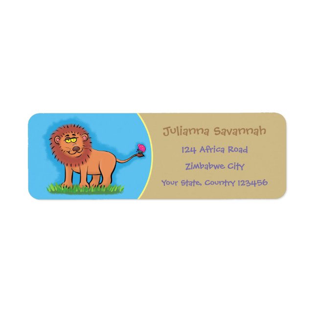 Funny, happy lion with butterfly cartoon (Front)