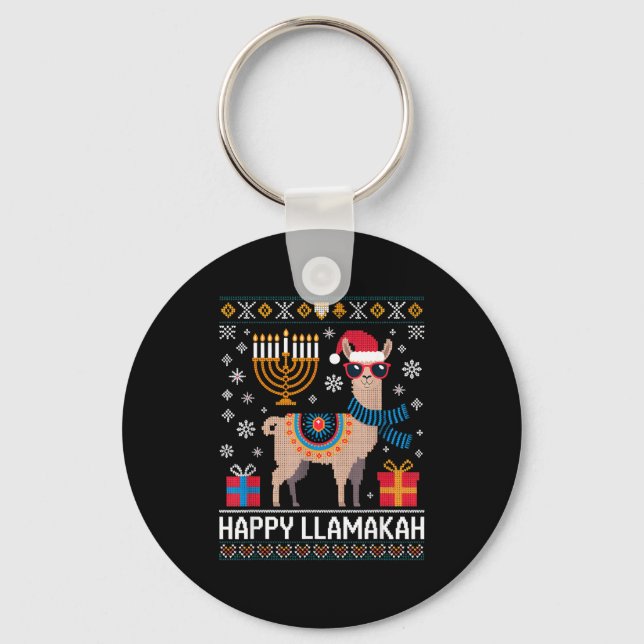 Funny Happy Llamakah Llama With Menorah  Key Ring (Front)