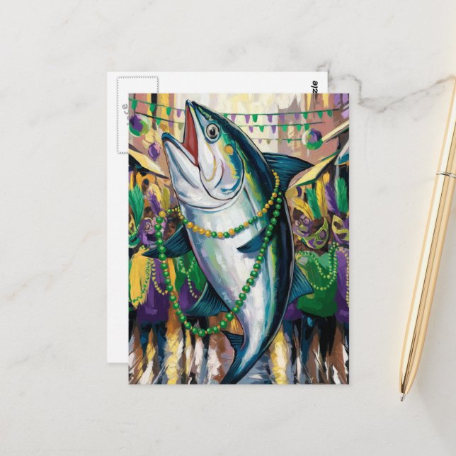 Funny Happy Mardi Gras Fish Postcard (Front/Back In Situ)
