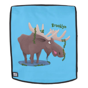 Funny happy moose cartoon illustration backpack