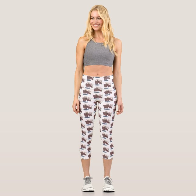Funny happy moose cartoon illustration capri leggings (Front)