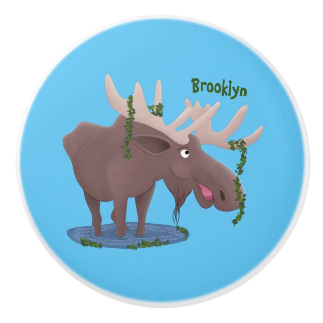 Funny happy moose cartoon illustration ceramic knob (Front)