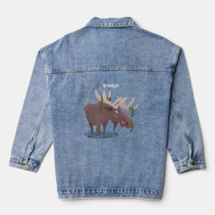 Funny happy moose cartoon illustration denim jacket