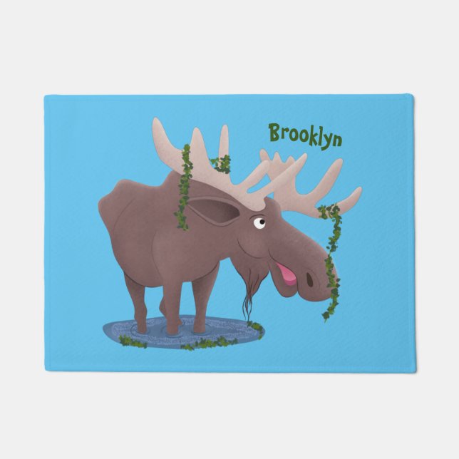 Funny happy moose cartoon illustration doormat (Front)