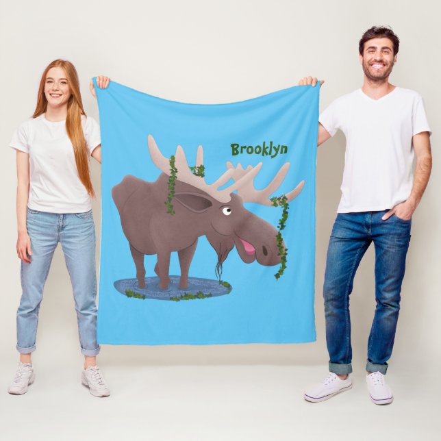 Funny happy moose cartoon illustration fleece blanket (In Situ)