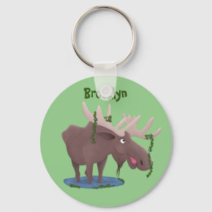 Funny happy moose cartoon illustration key ring
